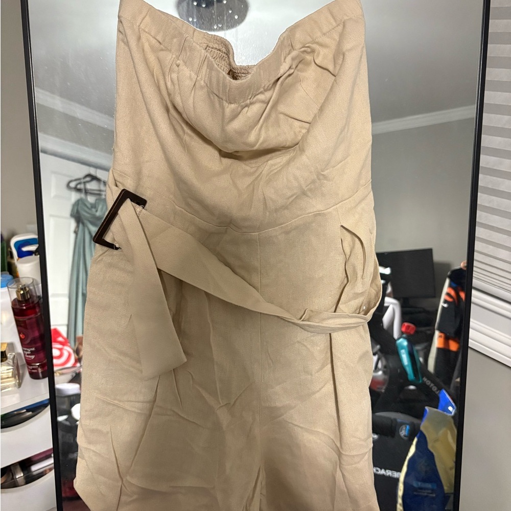 Beige Strapless Dress with Belt